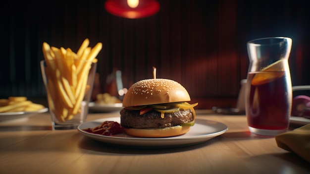 Lekkere hamburger met friet en drankjes op tafel op het café achtergrond fastfood concept