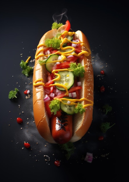 Lekkere heerlijke hotdog op een donkere achtergrond Generatieve AI