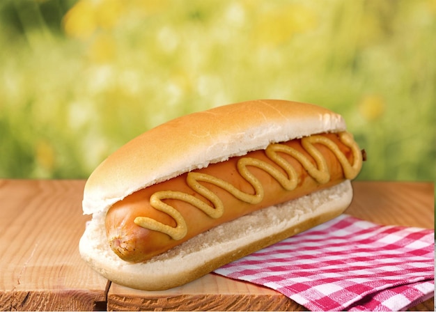 Lekkere hotdog met mosterd op houten tafel