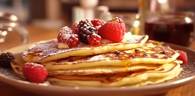 Foto lekkere pannenkoeken met siroop en bessen op een bord in een restaurant of café generated ai