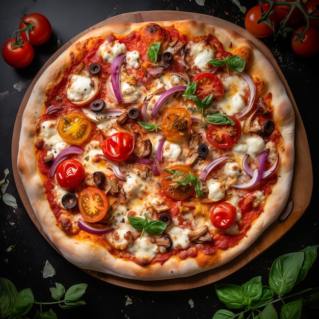 Lekkere pepperoni pizza en kookingrediënten tomaten Bovenaanzicht van hete Italiaanse pizza met mozzarella