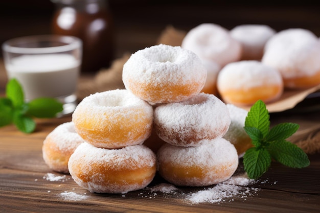 Lekkere poedersuiker donuts op tafel