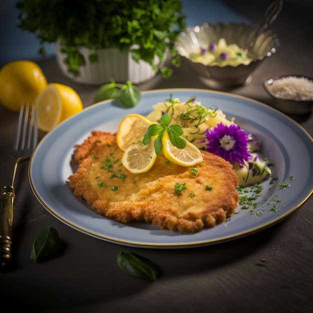 Lekkere schnitzel met gekookte aardappel. Bovenaanzicht, plat eten