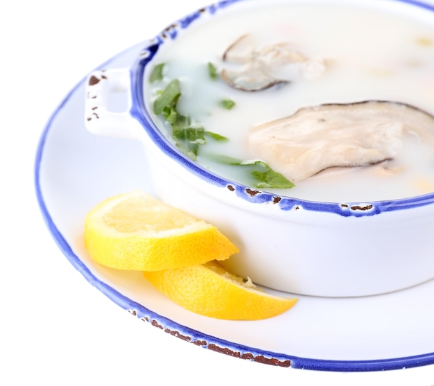 Lekkere soep met oesters geïsoleerd op wit