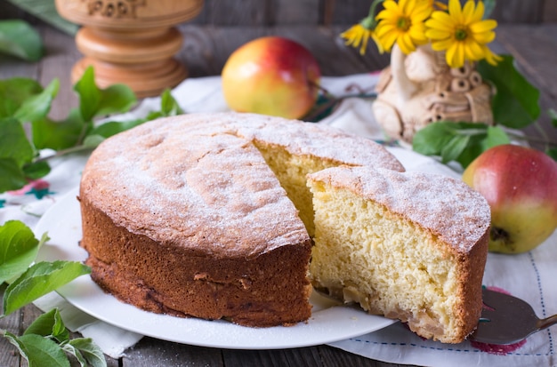 Lekkere zelfgemaakte appeltaart op een witte plaat met kaneel