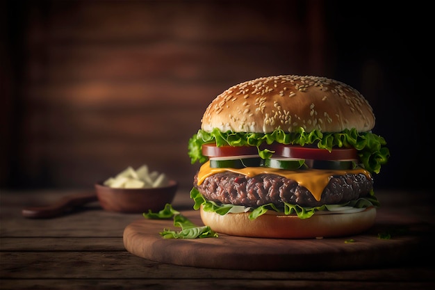 Lekkere zelfgemaakte hamburger op rustieke houten tafel Kopieer ruimte Reclame AI gegenereerd Fastfood snack