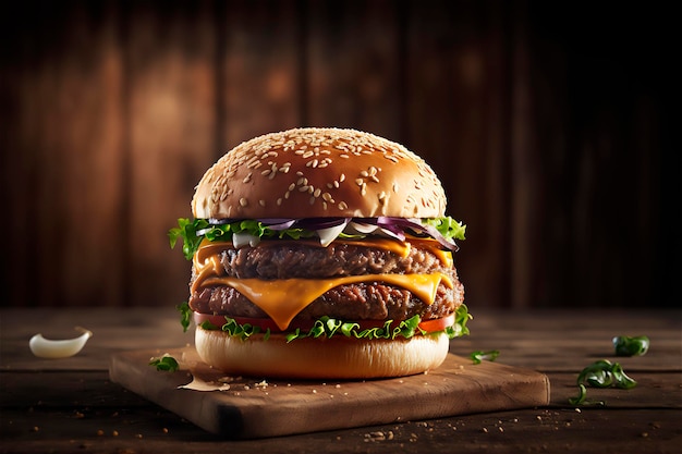 Lekkere zelfgemaakte hamburger op rustieke houten tafel Kopieer ruimte Reclame AI gegenereerd Fastfood snack