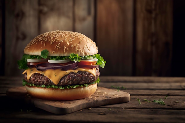 Lekkere zelfgemaakte hamburger op rustieke houten tafel Kopieer ruimte Reclame AI gegenereerd Fastfood snack