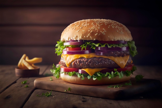 Lekkere zelfgemaakte hamburger op rustieke houten tafel Kopieer ruimte Reclame AI gegenereerd Fastfood snack