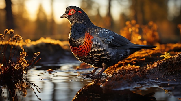 Photo lekking black grouse on spring swamp capturing spring colors