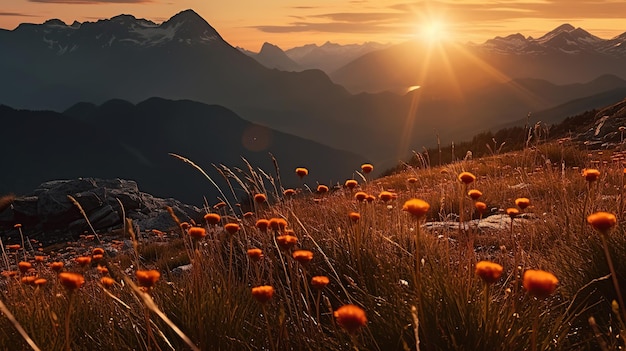 Leliebloem op hoogste berg met zonsondergang Generatieve AI