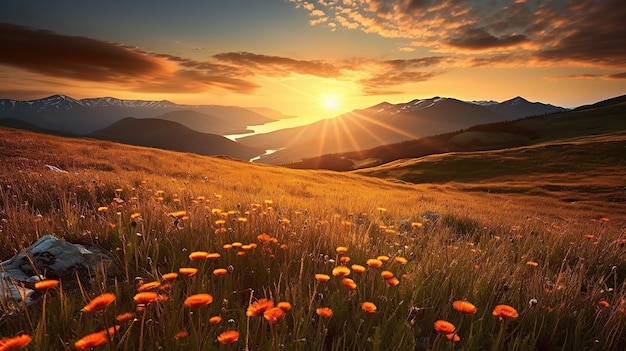 Leliebloem op hoogste berg met zonsondergang Generatieve AI