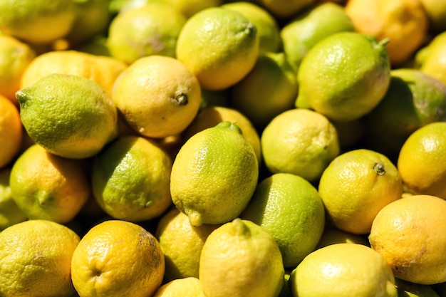 Lemon background on a shelf in market Organic eating Farmer's food Close up