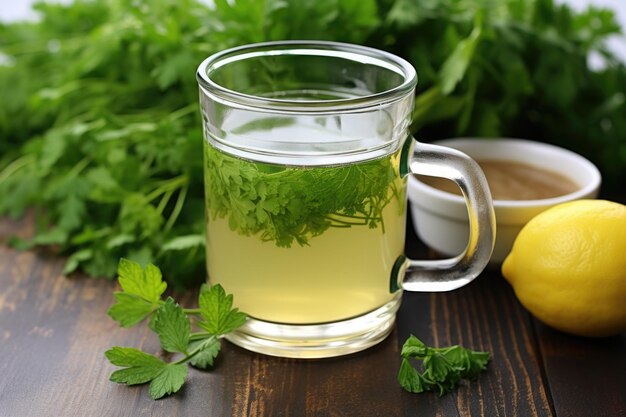 Photo lemon balm tea in a glass mug fresh herbs nearby
