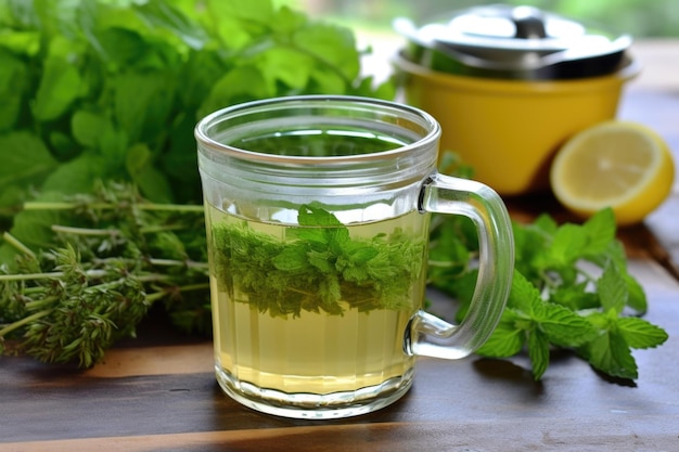 Photo lemon balm tea in a glass mug fresh herbs nearby