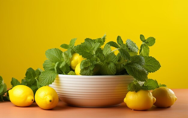 Lemon balm in a white bowl on a yellow background