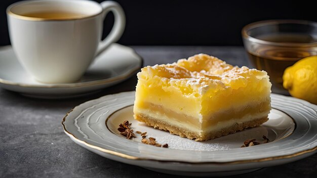 A lemon bar served on a white porcelain plate with a steaming cup of Earl Grey tea