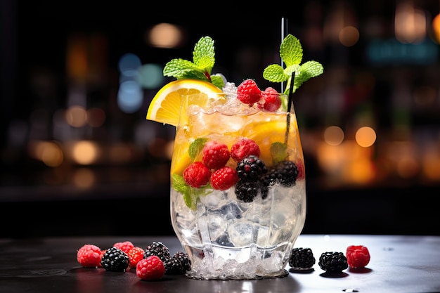 Lemon berries and mint stands on a black bar counter