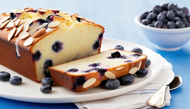 Photo lemon blueberry pound cake with fresh blueberries and sliced almonds