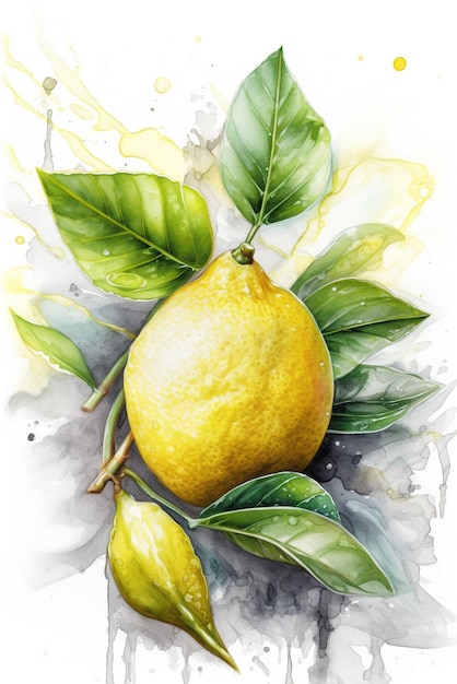 A lemon on a branch with leaves and the word lemon on it.