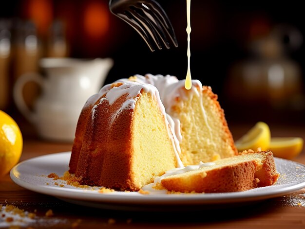 Photo lemon bundt cake sliced on plate with powdered sugar