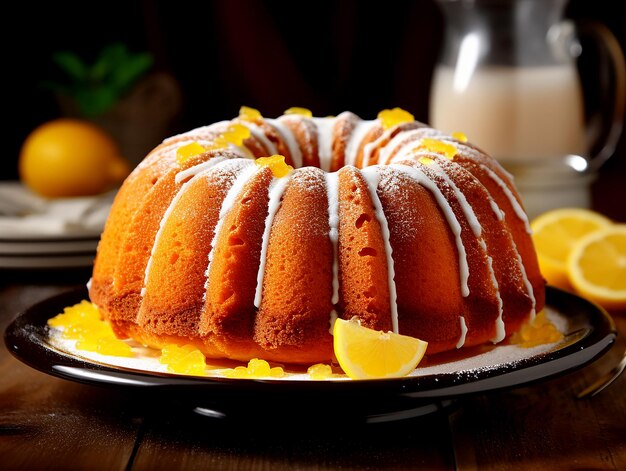 Photo lemon bundt cake sliced on plate with powdered sugar