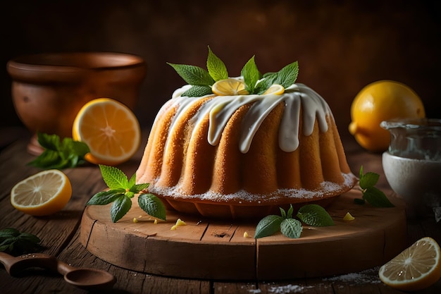 A lemon bundt cake with a lemon cream sauce and fresh mint leaves on a wooden table.