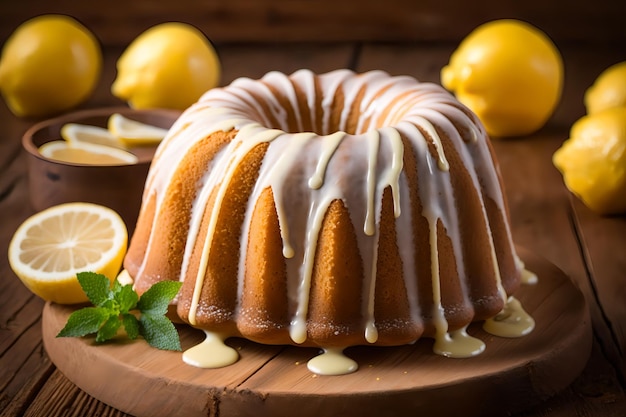 A lemon bundt cake with lemon glaze on a wooden board.