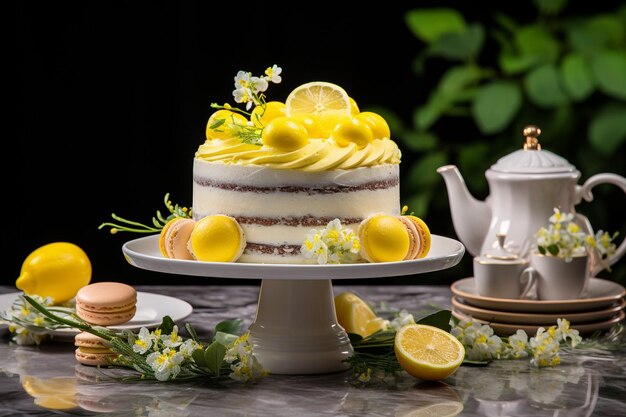 Photo lemon cake arranged on a dessert platter with lemon meringue tarts