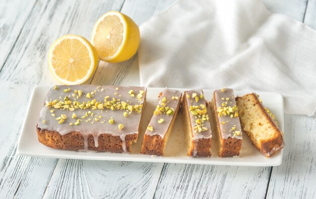 Lemon cake decorated with pistachios