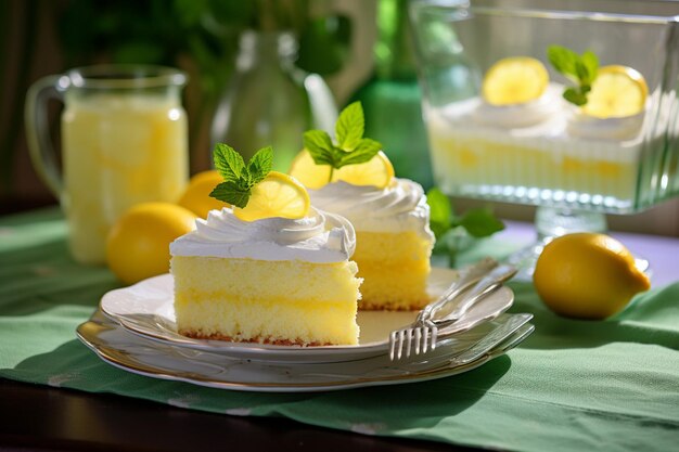 Lemon cake displayed on a cake pedestal with fresh herbs for a pop of green