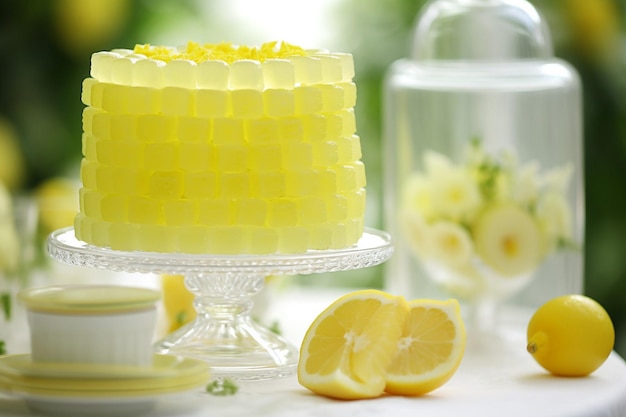 Photo lemon cake displayed on a cake pedestal with fresh herbs for a pop of green