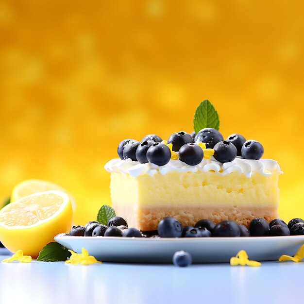 Lemon cake frame with blueberries yellow background some lem frame decoration beauty art top view