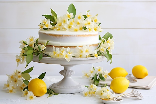 Foto torta al limone presentata su una tavola di legno con un barattolo di formaggio al limone