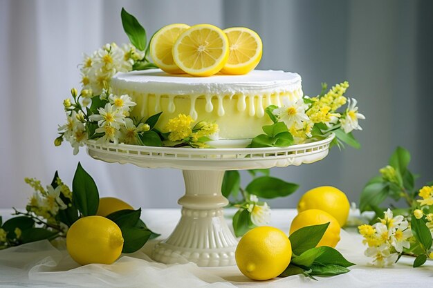 Photo lemon cake presented on a wooden board with a jar of lemon curd