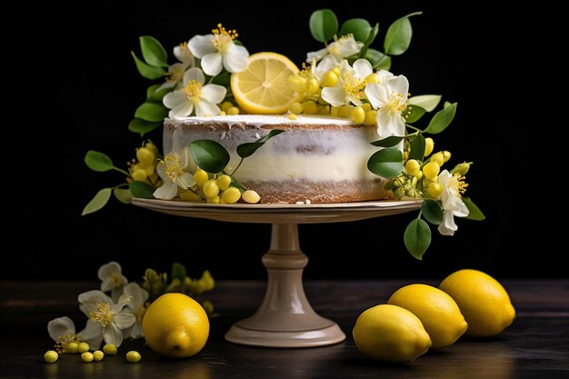 Foto torta al limone servita su singoli piatti da dessert con un ramoscello di timo come guarnizione