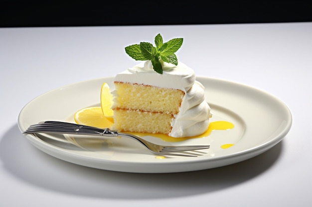 Lemon cake slice served on a white dessert plate with lemon balm leaves