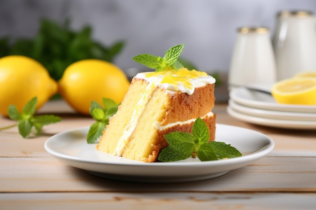 Photo lemon cake slice served on a white dessert plate with lemon balm leaves