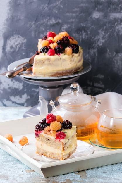 Lemon Cake with colorful raspberries