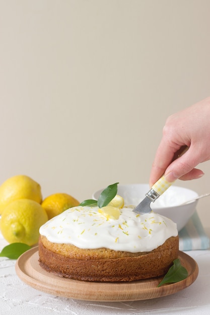 Photo lemon cake with whipped cream , copyspace