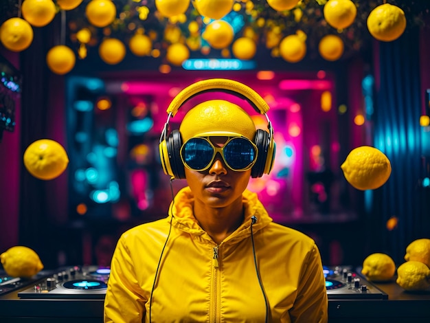 Photo a lemon character working a dj booth