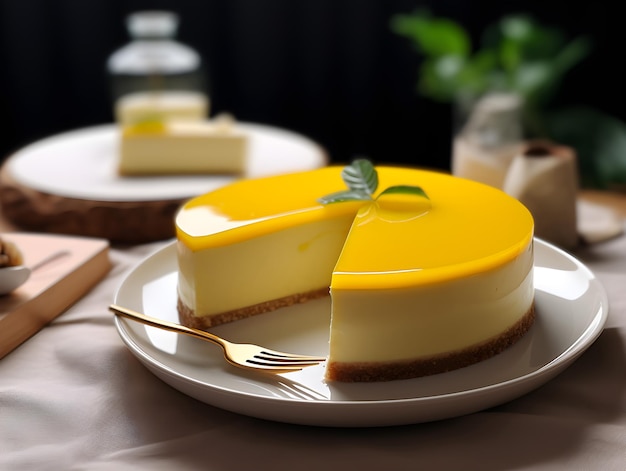 a lemon cheese tart with a slice on a white plate