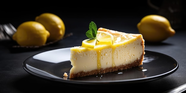 Lemon cheesecake on a dark background Selective focus AI generated for menu