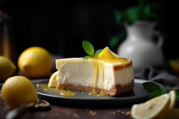 Lemon cheesecake with lemon on top on a plate in a black background