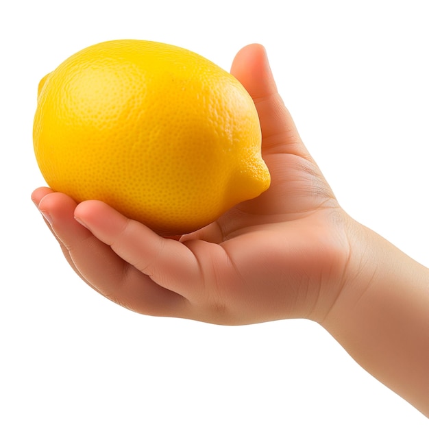 Лимон в руке ребенка, выделенный на белом или прозрачном фоне, крупный план лимона в руке