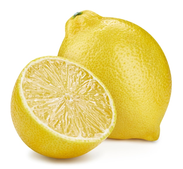 Lemon Clipping Path Ripe whole lemon fruit with green leaf and half isolated on white background with clipping path Lemon fruit set macro studio photo