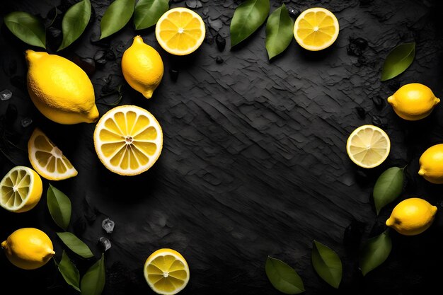 Lemon composition flat lay with free space for copy black rock background