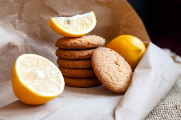 Lemon cookies made at home citrus baking deliciously lies on a table in a paper wrapper