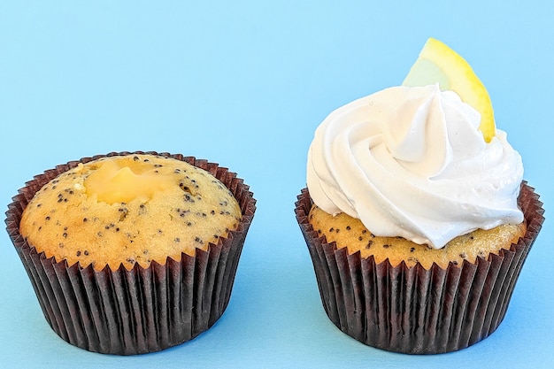 Lemon cup cakes on a blue background