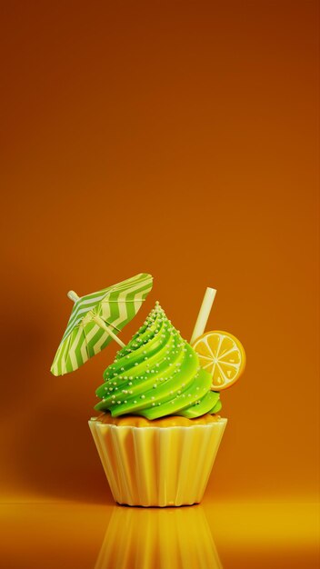 Фото Лимонный кекс 3d визуализирует иллюстрацию. желтый крем для кекса с ломтиком лимона и соломой. мультфильм